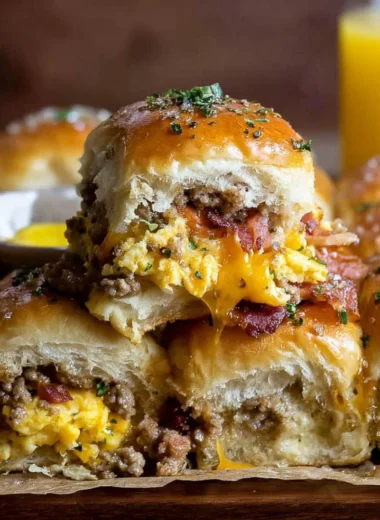 Cowboy breakfast sliders stacked with eggs, bacon, and cheese in a soft bun.