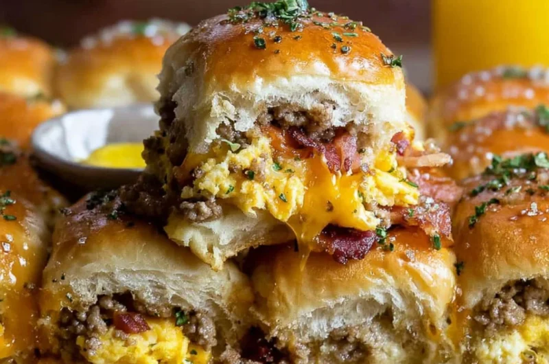 Cowboy breakfast sliders stacked with eggs, bacon, and cheese in a soft bun.