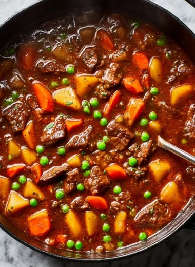 Delicious bowl of cozy beef stew with tender meat and vegetables