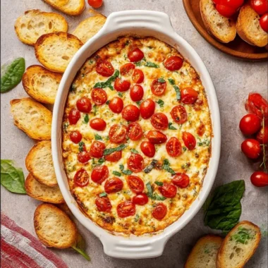 Delicious cozy Caprese Dip made with mozzarella, tomatoes, and basil.
