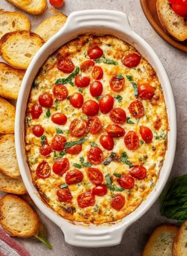 Delicious cozy Caprese Dip made with mozzarella, tomatoes, and basil.