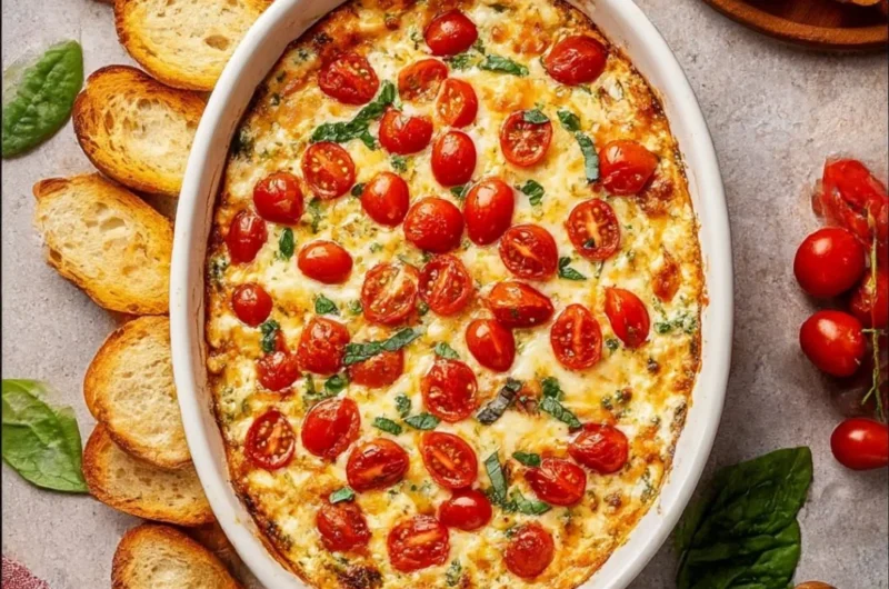 Delicious cozy Caprese Dip made with mozzarella, tomatoes, and basil.