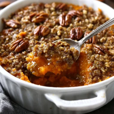 Deliciously baked sweet potato casserole topped with marshmallows and pecans