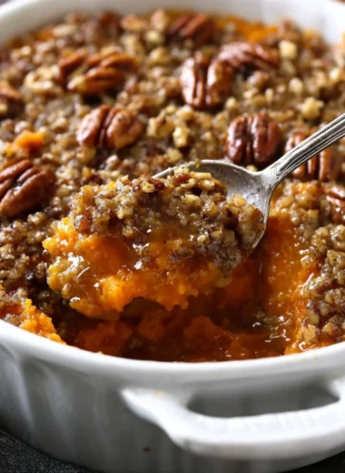 Deliciously baked sweet potato casserole topped with marshmallows and pecans