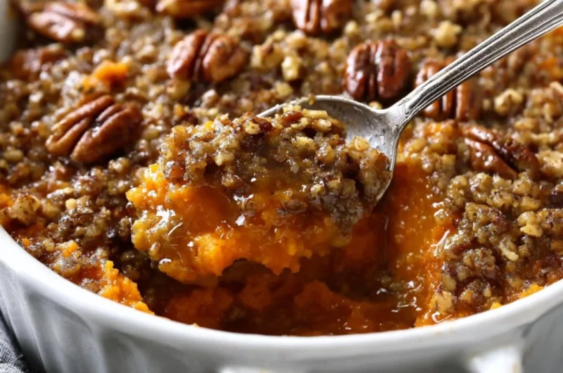 Deliciously baked sweet potato casserole topped with marshmallows and pecans