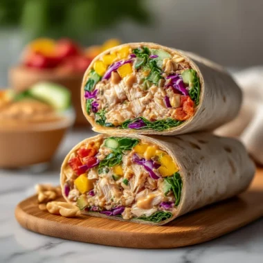Cozy Thai Peanut Chicken wraps filled with veggies and delicious sauce.