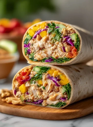 Cozy Thai Peanut Chicken wraps filled with veggies and delicious sauce.
