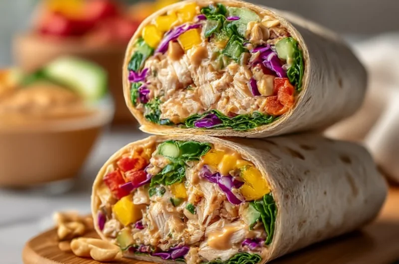 Cozy Thai Peanut Chicken wraps filled with veggies and delicious sauce.