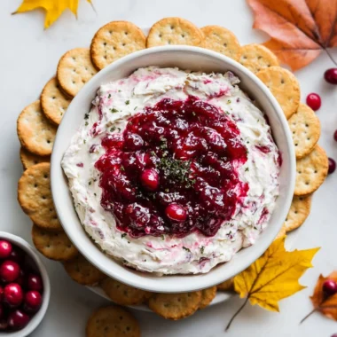 Cranberry Cream Cheese Dip served in a bowl with crackers and fresh cranberries