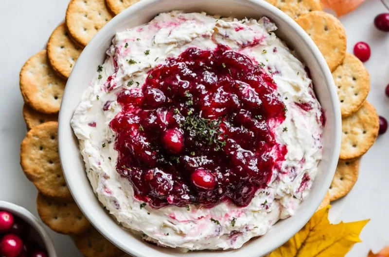 Cranberry Cream Cheese Dip served in a bowl with crackers and fresh cranberries