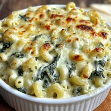 Bowl of creamy creamed spinach mac & cheese topped with fresh spinach.