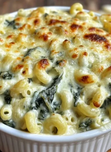 Bowl of creamy creamed spinach mac & cheese topped with fresh spinach.