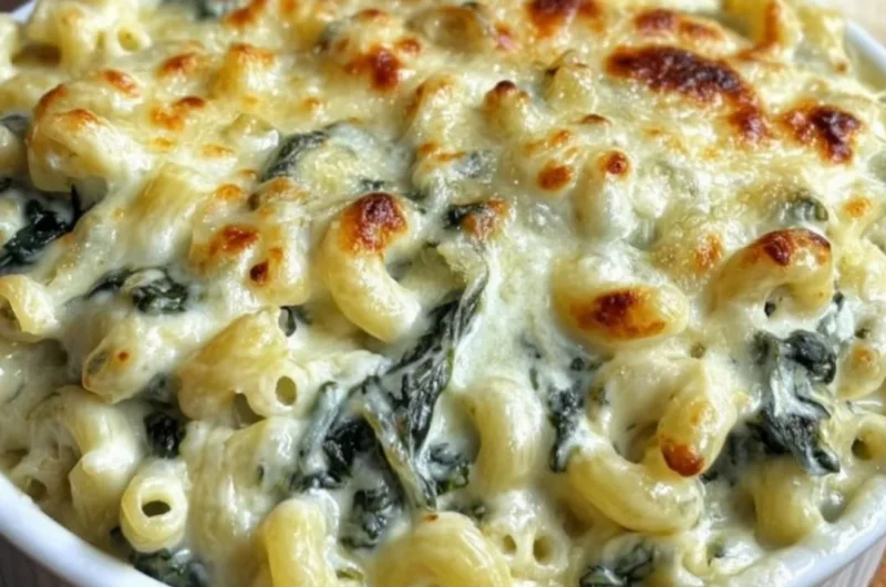 Bowl of creamy creamed spinach mac & cheese topped with fresh spinach.
