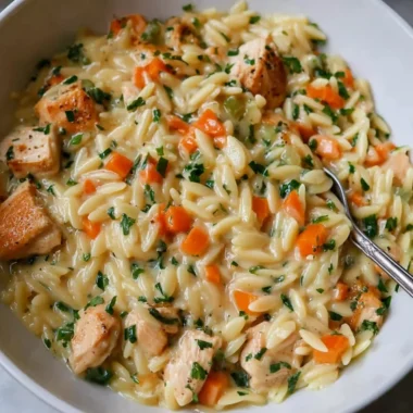 Creamy chicken pot pie orzo served in a bowl with fresh herbs
