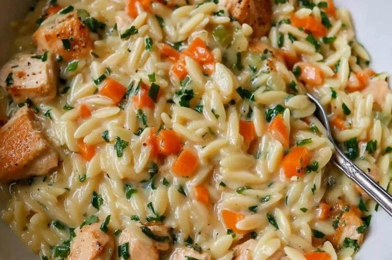Creamy chicken pot pie orzo served in a bowl with fresh herbs