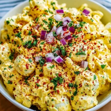 Creamy deviled egg macaroni salad in a bowl with fresh herbs