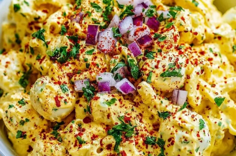 Creamy deviled egg macaroni salad in a bowl with fresh herbs