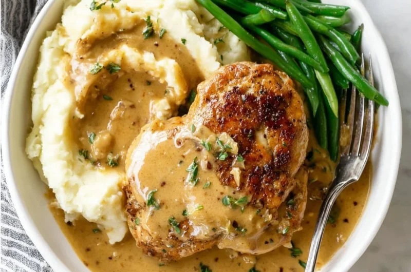 Plate of creamy garlic chicken garnished with herbs