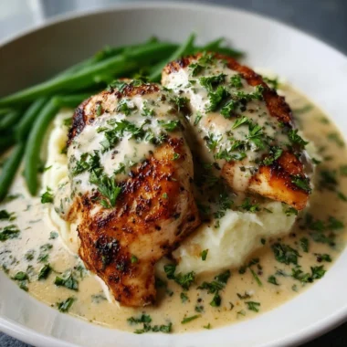 Creamy Garlic Parmesan Chicken Breast served with herbs and spices