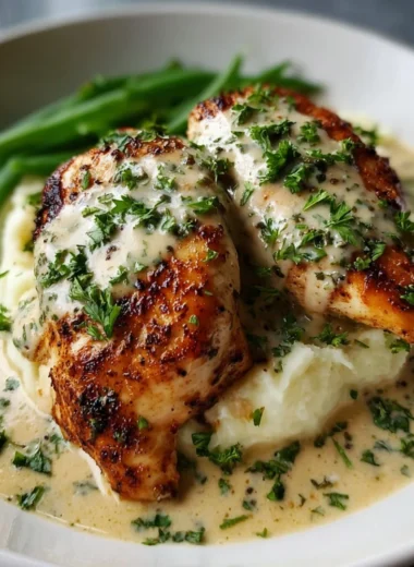 Creamy Garlic Parmesan Chicken Breast served with herbs and spices