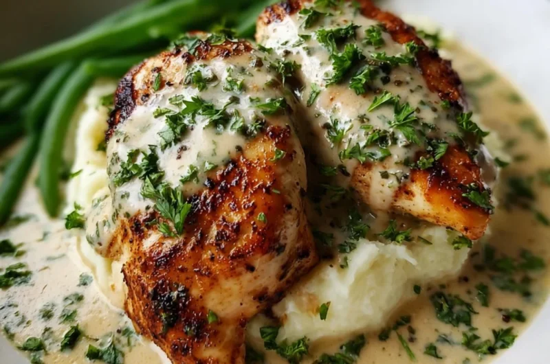 Creamy Garlic Parmesan Chicken Breast served with herbs and spices