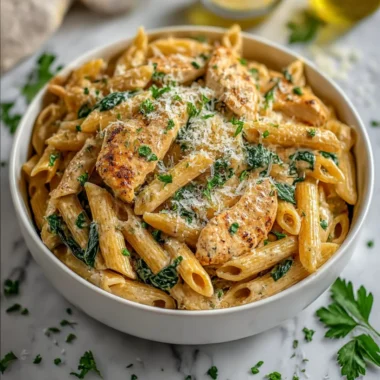 Creamy garlic parmesan chicken pasta served in a bowl with herbs