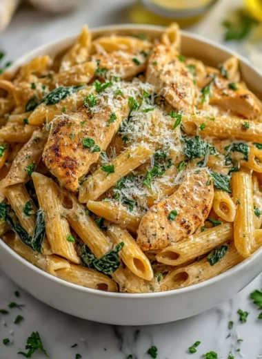 Creamy garlic parmesan chicken pasta served in a bowl with herbs