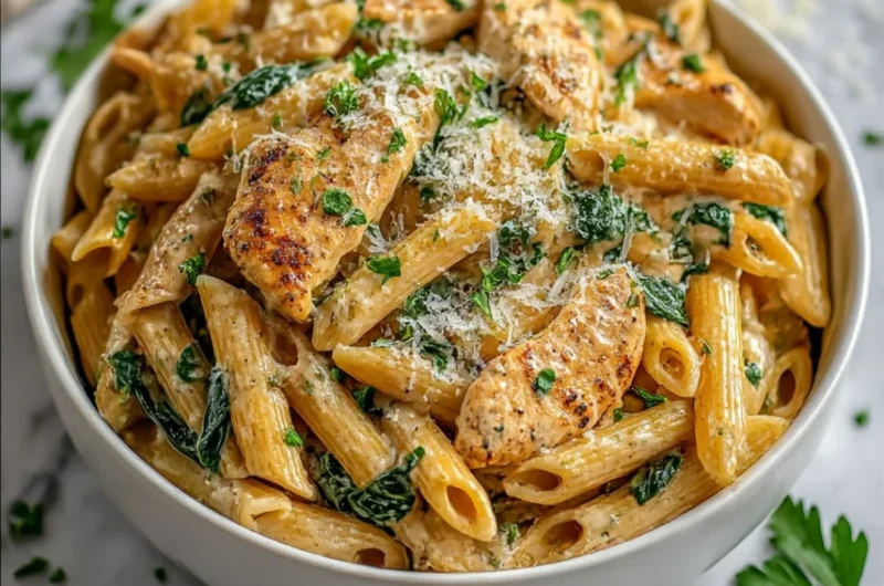 Creamy garlic parmesan chicken pasta served in a bowl with herbs