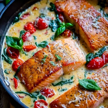 Delicious creamy Tuscan salmon served with fresh herbs and vegetables