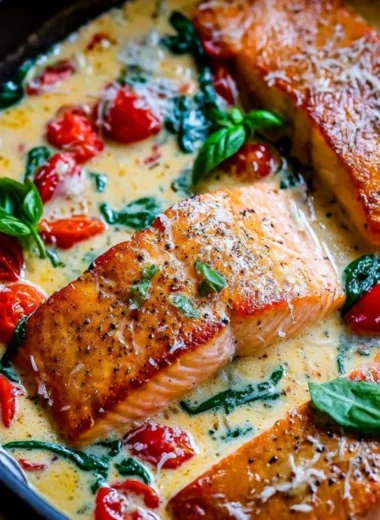 Delicious creamy Tuscan salmon served with fresh herbs and vegetables