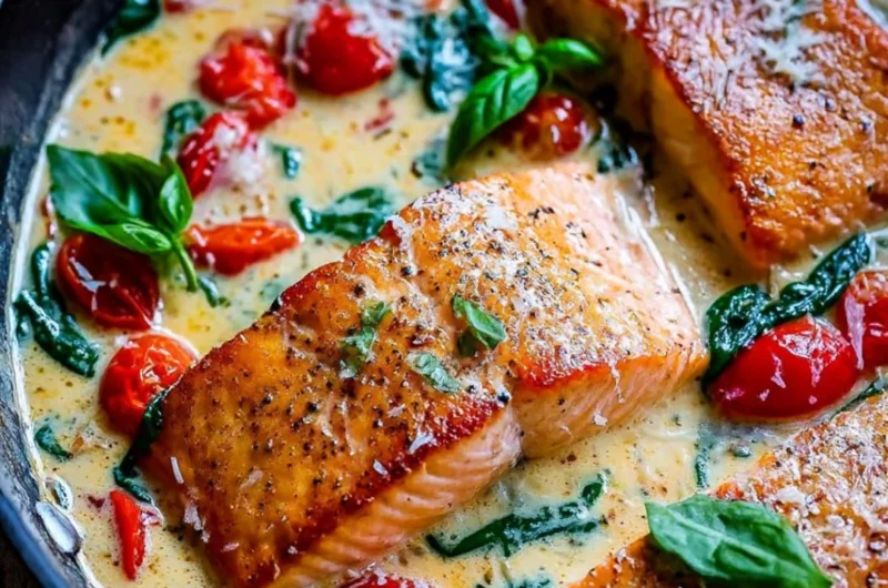 Delicious creamy Tuscan salmon served with fresh herbs and vegetables