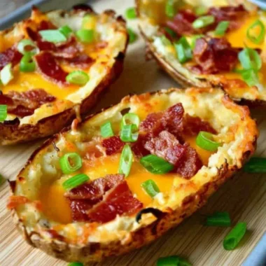 Crispy baked potato skins topped with turkey bacon and green onions