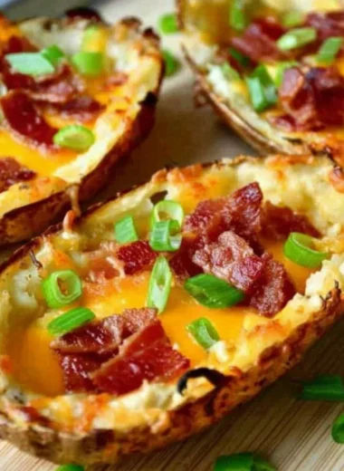 Crispy baked potato skins topped with turkey bacon and green onions