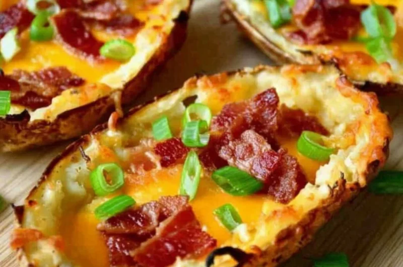Crispy baked potato skins topped with turkey bacon and green onions