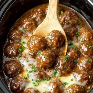 Crock-Pot French Onion Meatballs simmering in a savory sauce.