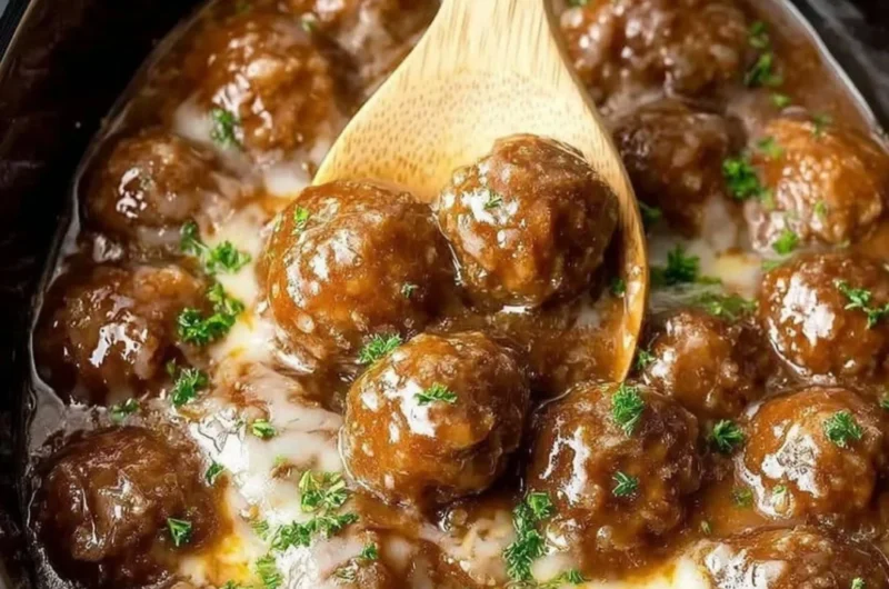 Crock-Pot French Onion Meatballs simmering in a savory sauce.