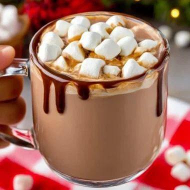 Delicious crockpot hot chocolate served in a mug topped with marshmallows