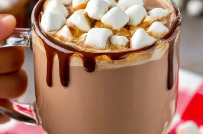 Delicious crockpot hot chocolate served in a mug topped with marshmallows
