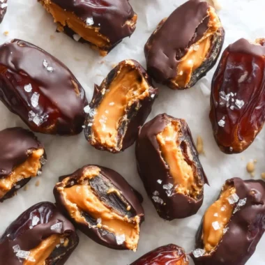 Homemade Date Snickers dessert with layers of chocolate and nuts