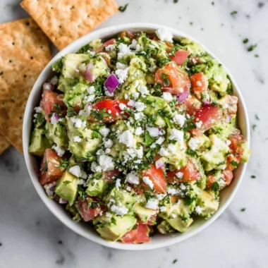Easy avocado feta dip served in a bowl with fresh herbs and vegetables