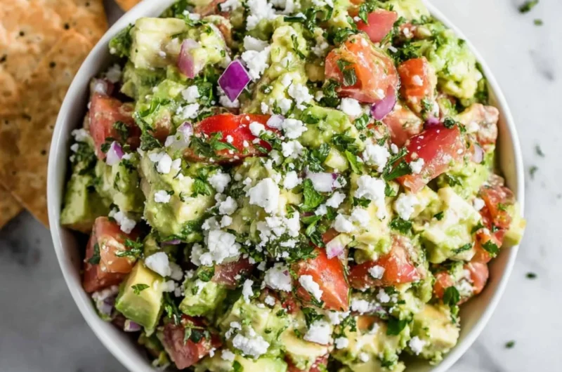 Easy avocado feta dip served in a bowl with fresh herbs and vegetables