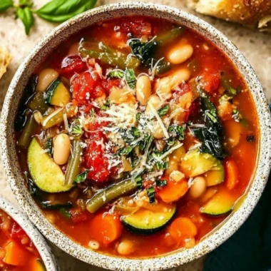 Bowl of easy and healthy minestrone soup with fresh vegetables and herbs