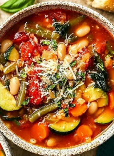 Bowl of easy and healthy minestrone soup with fresh vegetables and herbs