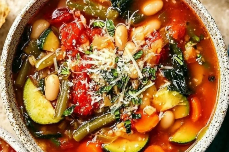 Bowl of easy and healthy minestrone soup with fresh vegetables and herbs