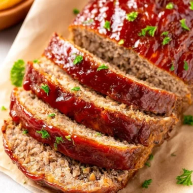 Delicious Lipton onion soup meatloaf served on a plate with garnish.