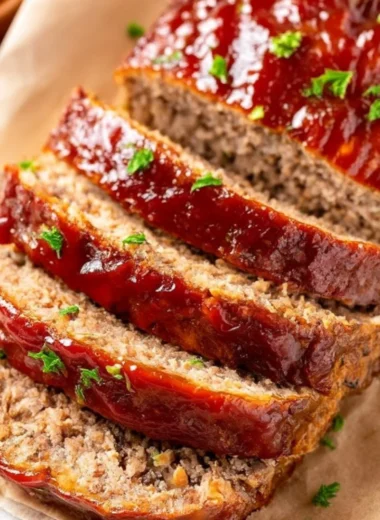 Delicious Lipton onion soup meatloaf served on a plate with garnish.