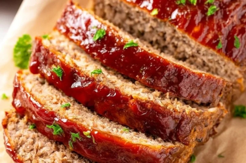 Delicious Lipton onion soup meatloaf served on a plate with garnish.