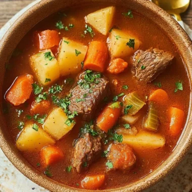 Bowl of Easy Pioneer Woman's Crockpot Beef Stew garnished with herbs