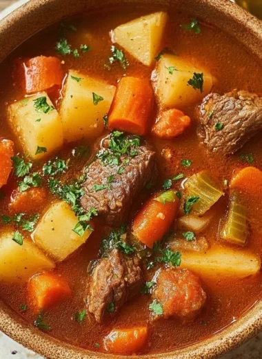 Bowl of Easy Pioneer Woman's Crockpot Beef Stew garnished with herbs