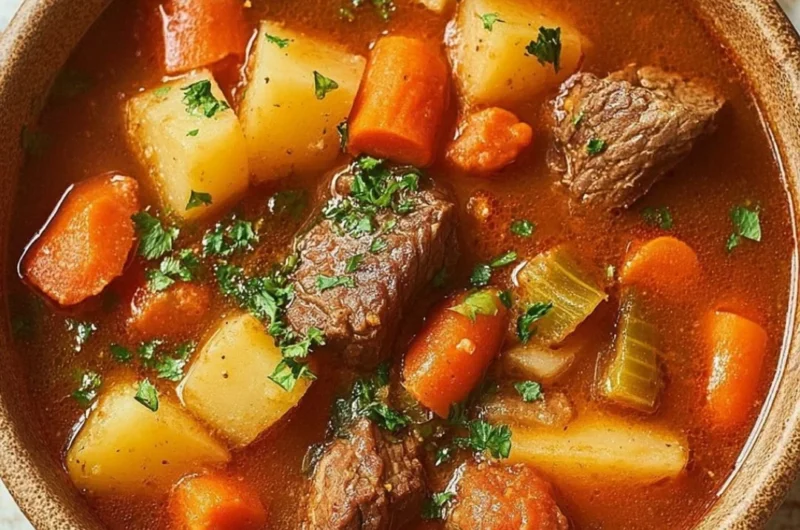 Bowl of Easy Pioneer Woman's Crockpot Beef Stew garnished with herbs